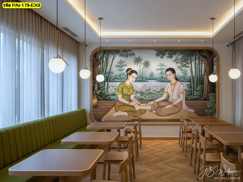 ภาพหญิงไทยนวดแผนโบราณริมสระบัว ถ่ายทอดศิลปะไทยคลาสสิก เติมความอบอุ่นให้พื้นที่ดูอ่อนโยน