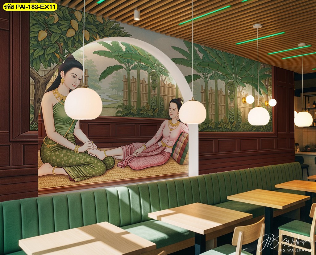 ภาพหญิงไทยในเรือนไม้โบราณ ภายใต้ซุ้มโค้ง สื่อถึงความงามละเมียดและบรรยากาศอบอุ่นของบ้านไทย