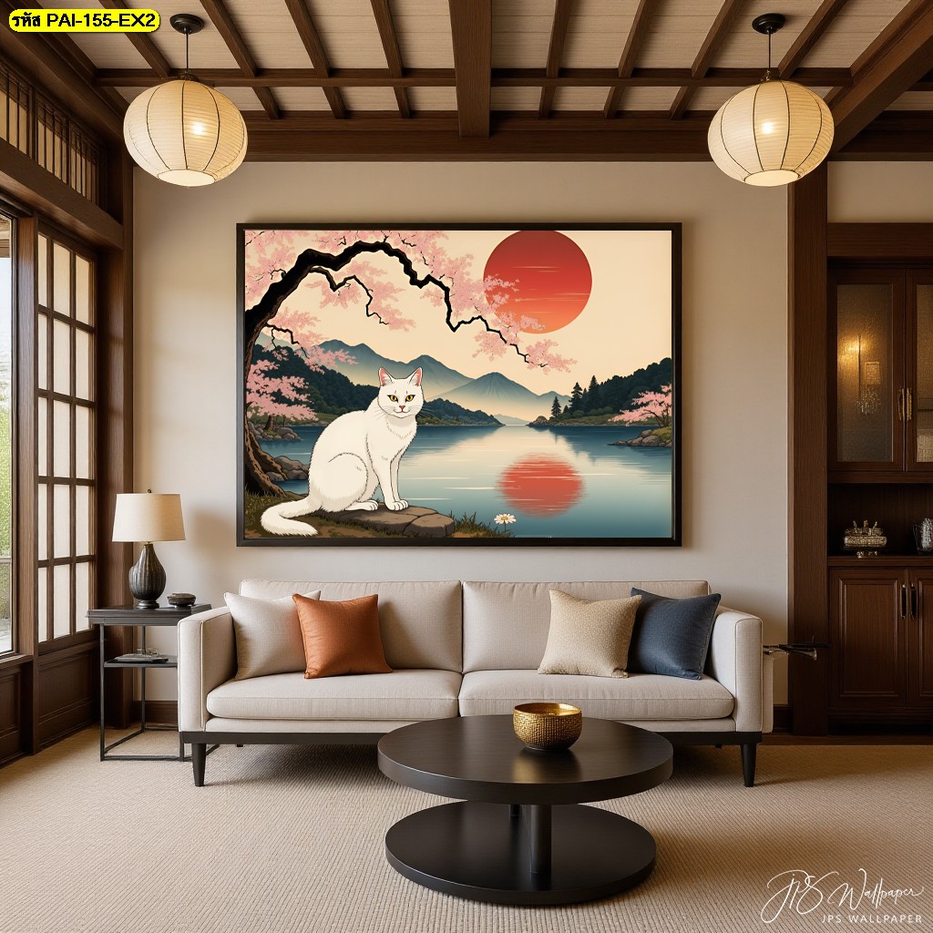 Wallpaper แมวขาวนั่งริมสระน้ำใต้ดอกซากุระ สื่อถึงความสงบและความงามที่อยู่ในความเรียบง่ายแบบญี่ปุ่น