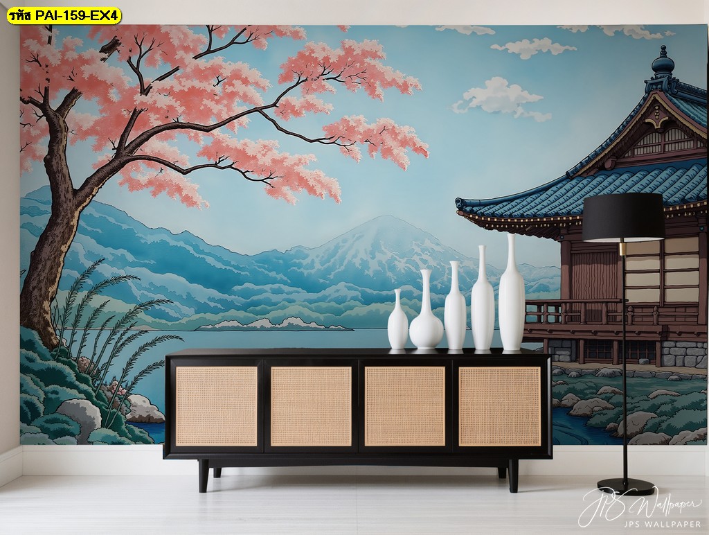 วอลเปเปอร์ ติดผนัง ทิวทัศน์ซากุระบานกับวัดญี่ปุ่นริมทะเลสาบ ถ่ายทอดความสมดุลของศิลป์และธรรมชาติในภาพเดียว