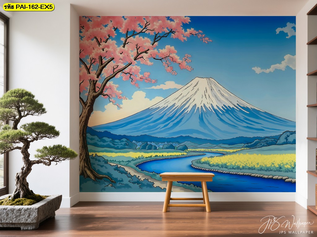 วอลเปเปอร์ วิวภูเขาฟูจิใต้ต้นซากุระริมแม่น้ำ สื่อถึงความสงบและความงดงามของธรรมชาติในทุกฤดูกาล