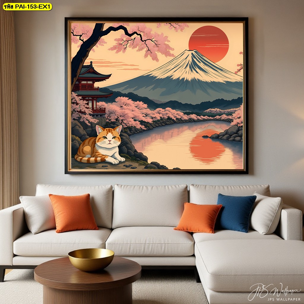 วอลเปเปอร์ลายแมวส้มกับภูเขาฟูจิในยามเย็น ถ่ายทอดความสุขเรียบง่ายและความอบอุ่นในบรรยากาศญี่ปุ่น