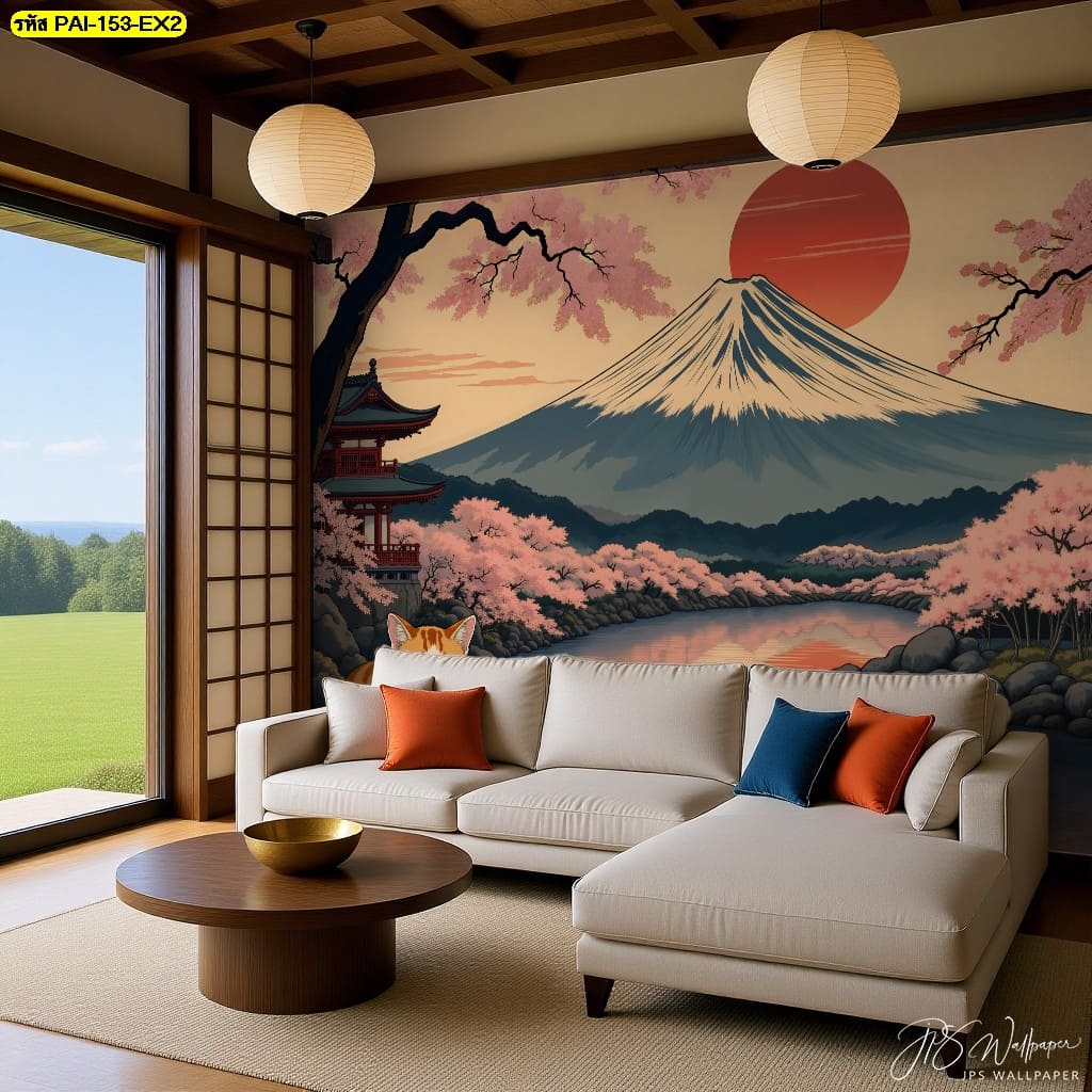 วอลเปเปอร์ลายภูเขาฟูจิและซากุระชมพูสะท้อนแสงยามเย็น เติมความสงบและกลิ่นอายญี่ปุ่นให้บ้านดูมีชีวิต