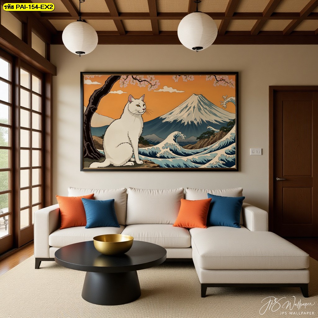 วอลเปเปอร์ลายแมวขาวกับคลื่นทะเลและภูเขาฟูจิ ถ่ายทอดพลังธรรมชาติและความสงบในแบบญี่ปุ่นร่วมสมัย