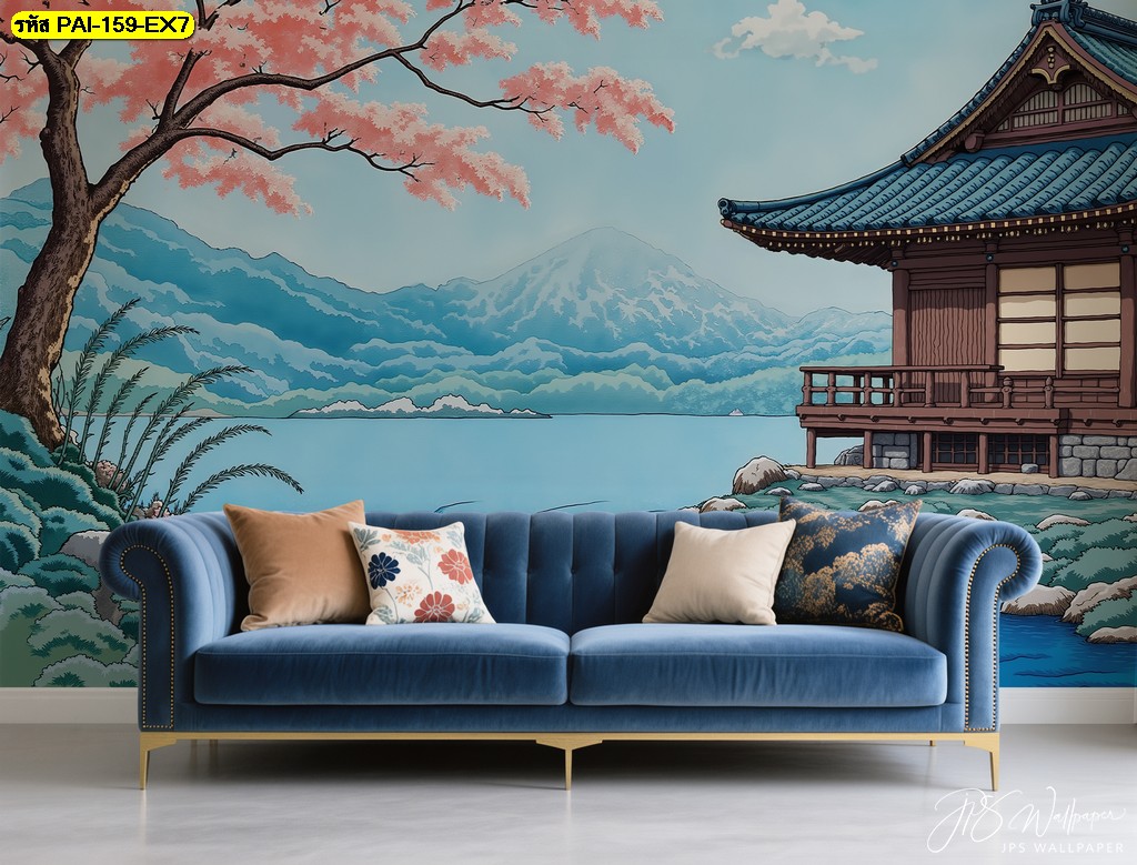วอลเปเปอร์ลายวัดญี่ปุ่นริมทะเลสาบและต้นซากุระ ถ่ายทอดความสงบ สดชื่น และความกลมกลืนของธรรมชาติ