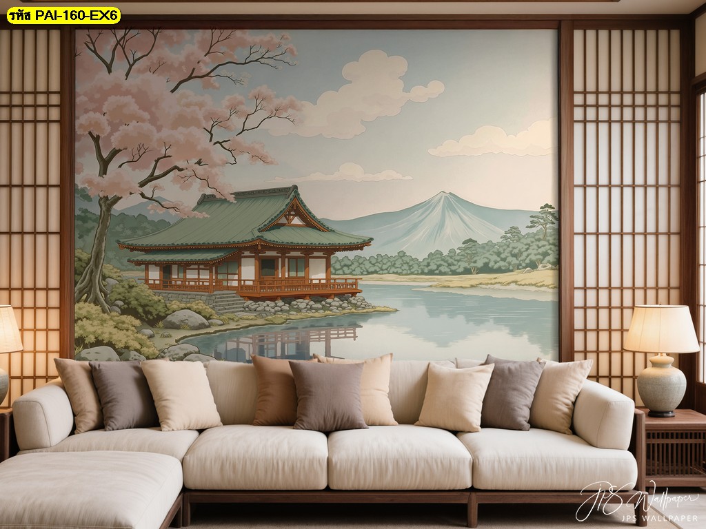 วอลเปเปอร์ลายศาลาญี่ปุ่นริมทะเลสาบกับภูเขาเบื้องหลัง ถ่ายทอดความเรียบง่ายและสงบในทุกมุมมอง