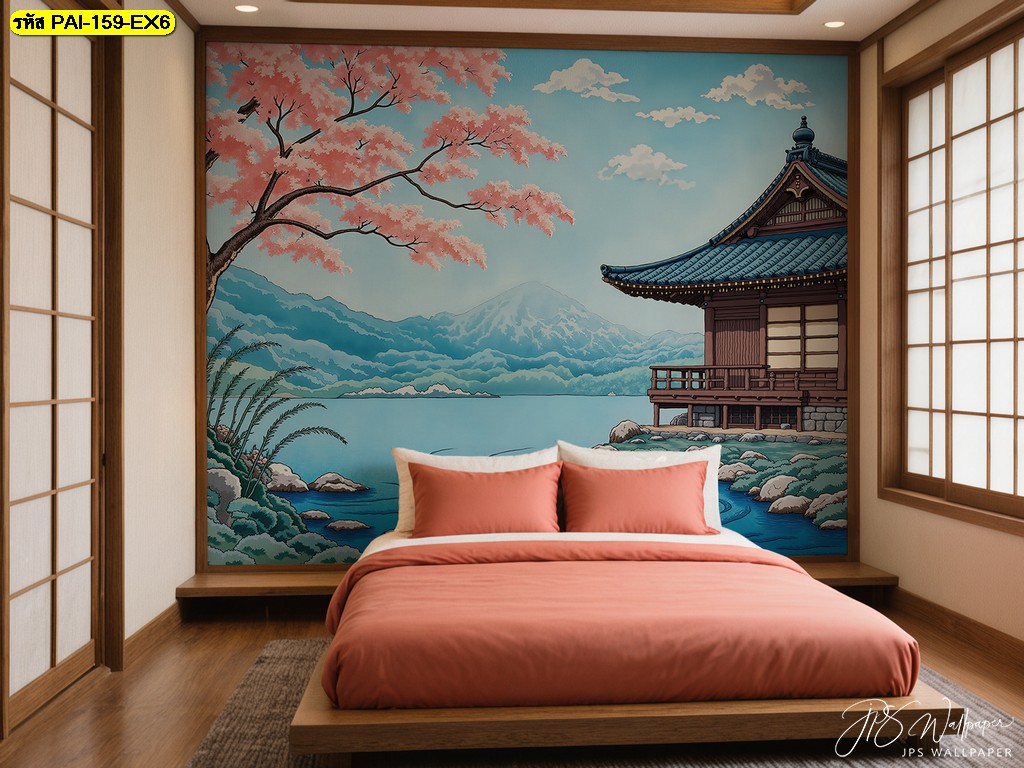 วอลเปเปอร์ลายวัดญี่ปุ่นริมทะเลสาบกับซากุระชมพู ถ่ายทอดความสงบและความอ่อนโยน เหมาะกับห้องนอนที่ต้องการบรรยากาศสบายตา