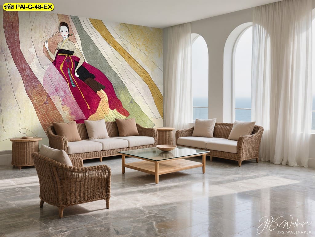 วอลเปเปอร์หญิงสาวในชุดฮันบกสีแดงเข้ม ถ่ายทอดความอ่อนช้อยและความสง่างามของศิลปะเกาหลีในแบบร่วมสมัย