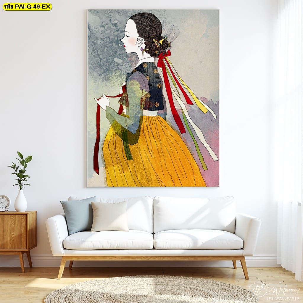 วอลเปเปอร์หญิงสาวเกาหลีในชุดพื้นเมืองสีเหลืองทอง ถ่ายทอดความอ่อนโยนและความสงบในความงามแบบเกาหลีดั้งเดิม