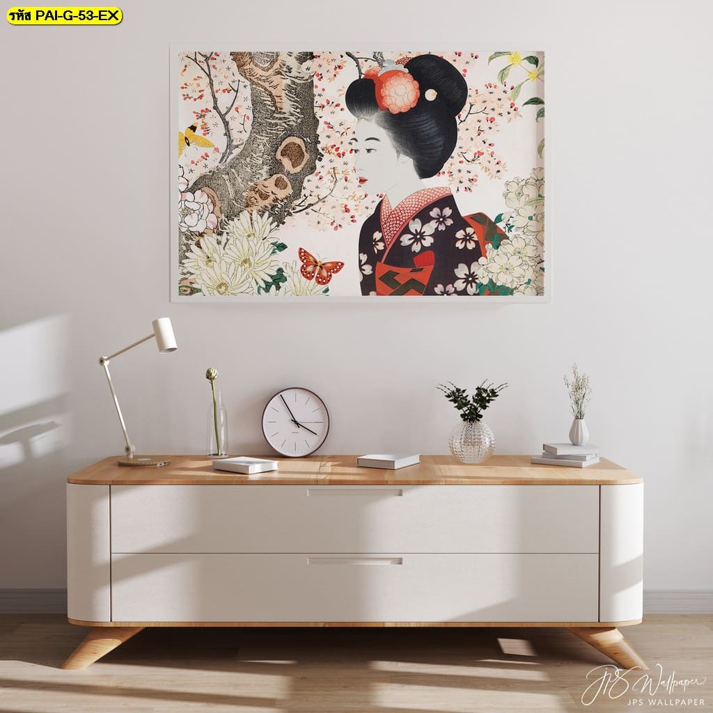 วอลเปเปอร์หญิงสาวญี่ปุ่นในชุดกิโมโน ลายดอกไม้และผีเสื้อ สื่อถึงความงดงามและความอ่อนช้อยของศิลปะตะวันออก
