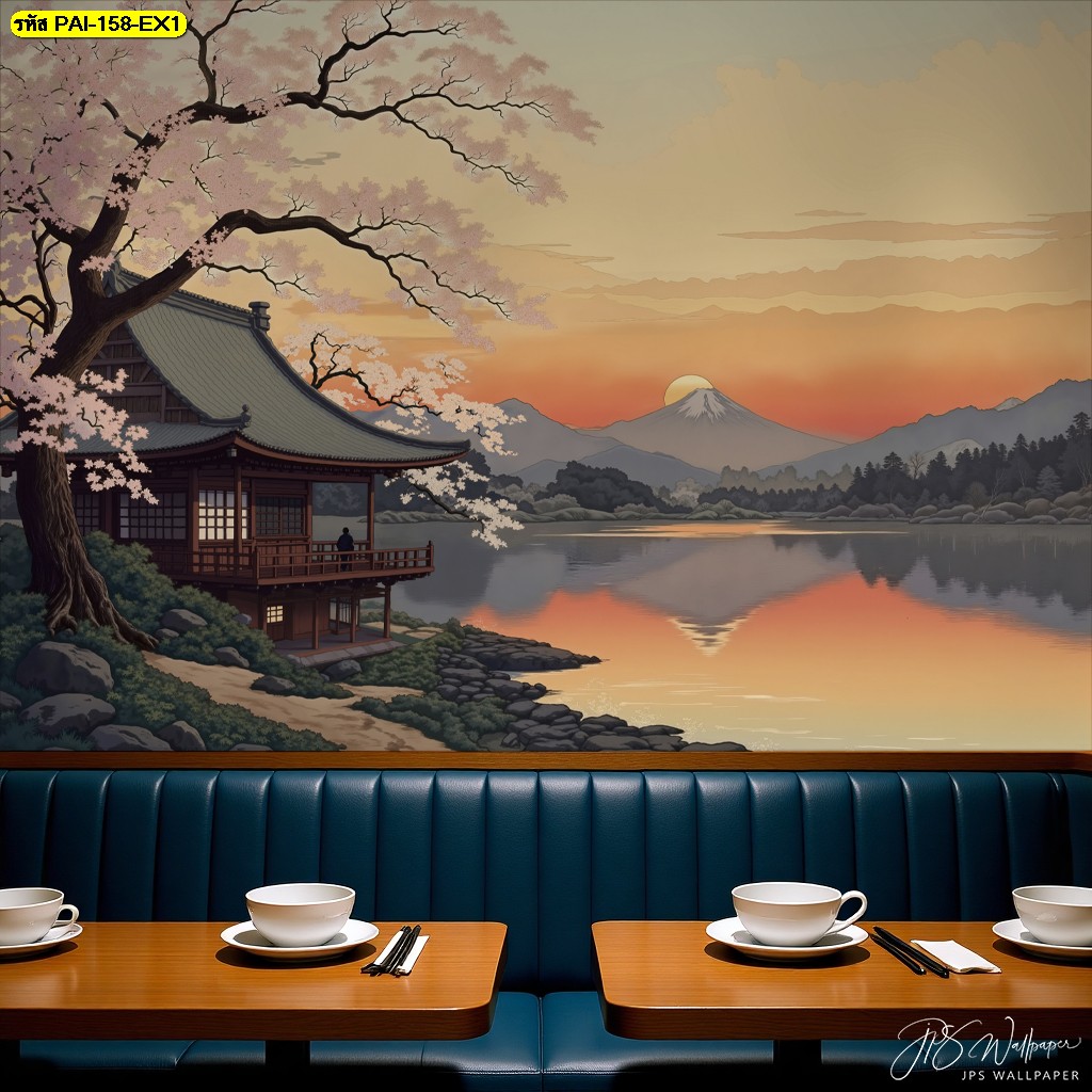 วอลเปเปอร์ศาลาญี่ปุ่นยามเย็น แสงอาทิตย์สะท้อนน้ำสร้างบรรยากาศอบอุ่นและสงบเหนือคำบรรยาย