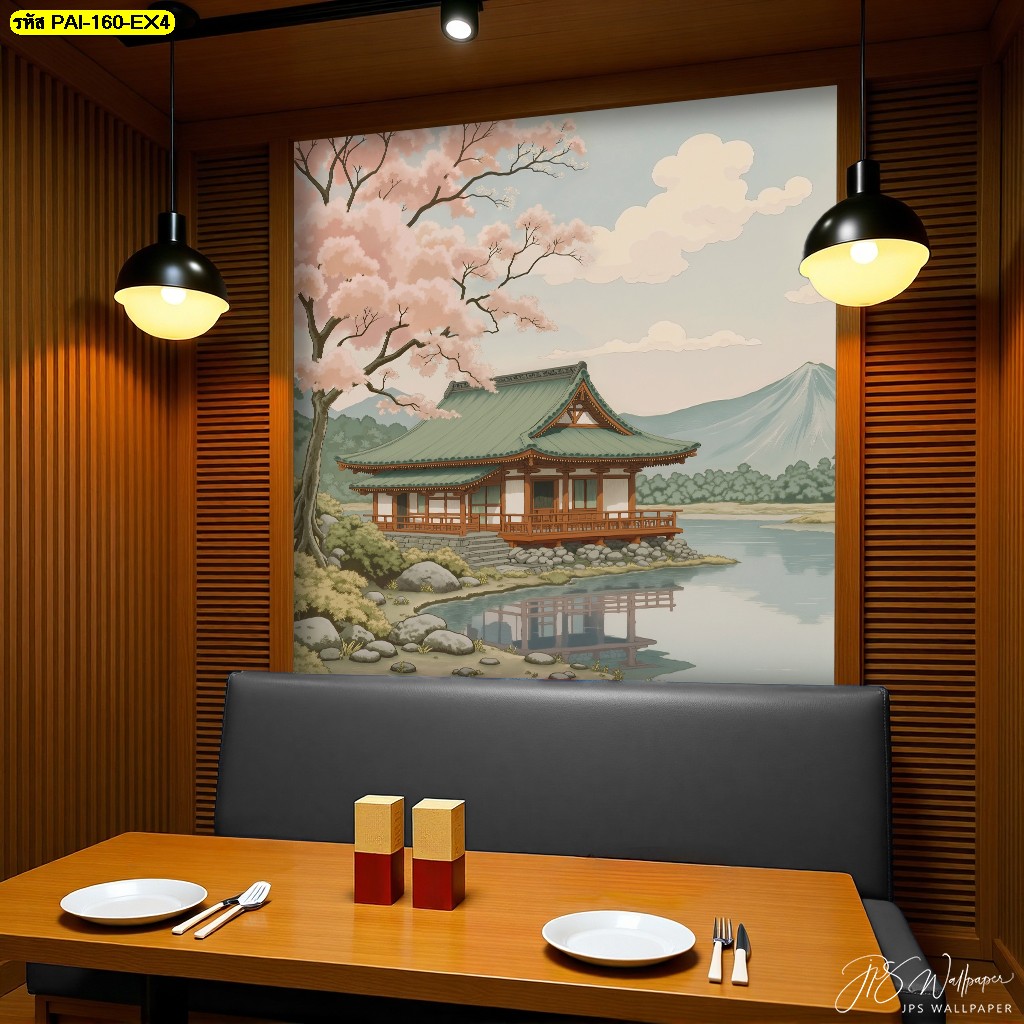 วอลเปเปอร์ภาพศาลาญี่ปุ่นไม้กับบึงสะท้อนภูเขาไฟ สื่อถึงความสงบและศิลปะแห่งสมดุลธรรมชาติ