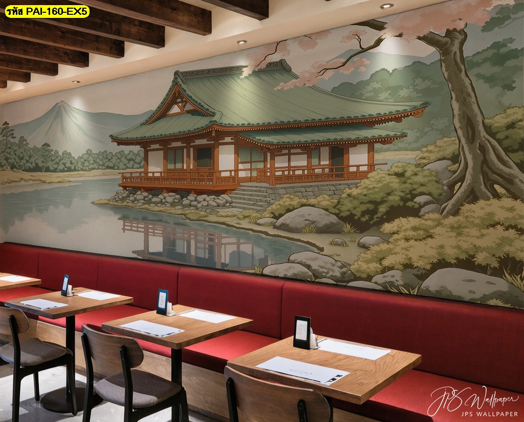 วอลเปเปอร์ศาลาญี่ปุ่นริมสระน้ำ ภาพสะท้อนเงาและซากุระให้ความรู้สึกสงบเรียบหรูแบบญี่ปุ่นดั้งเดิม