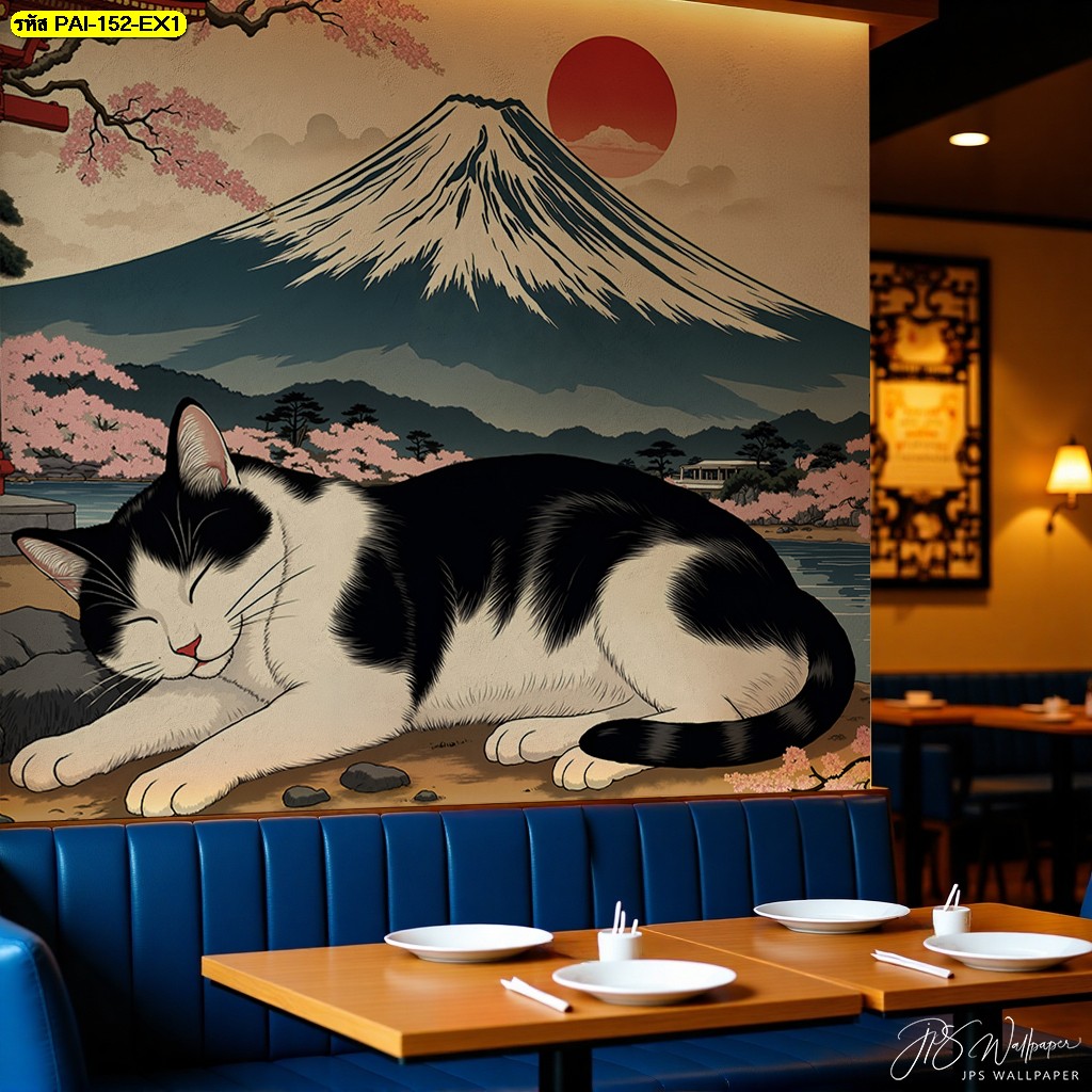 วอลเปเปอร์แมวญี่ปุ่นนอนหลับกลางวิวภูเขาไฟฟูจิ สื่อถึงความสงบ ความอบอุ่น และความสมดุลของธรรมชาติ