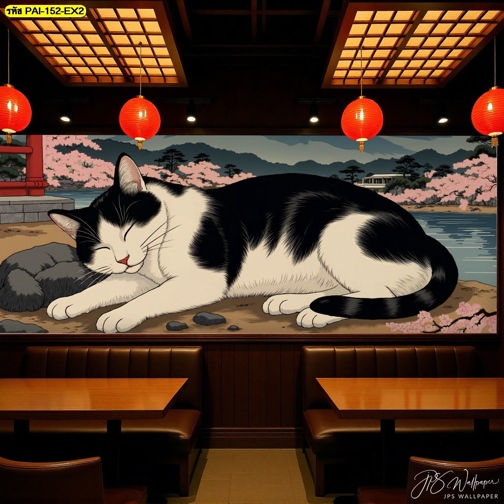 wallpaper แมวหลับท่ามกลางโคมแดงและซากุระ บรรยากาศอบอุ่นสไตล์ญี่ปุ่นแท้ แฝงความสงบและน่ารักในเวลาเดียวกัน