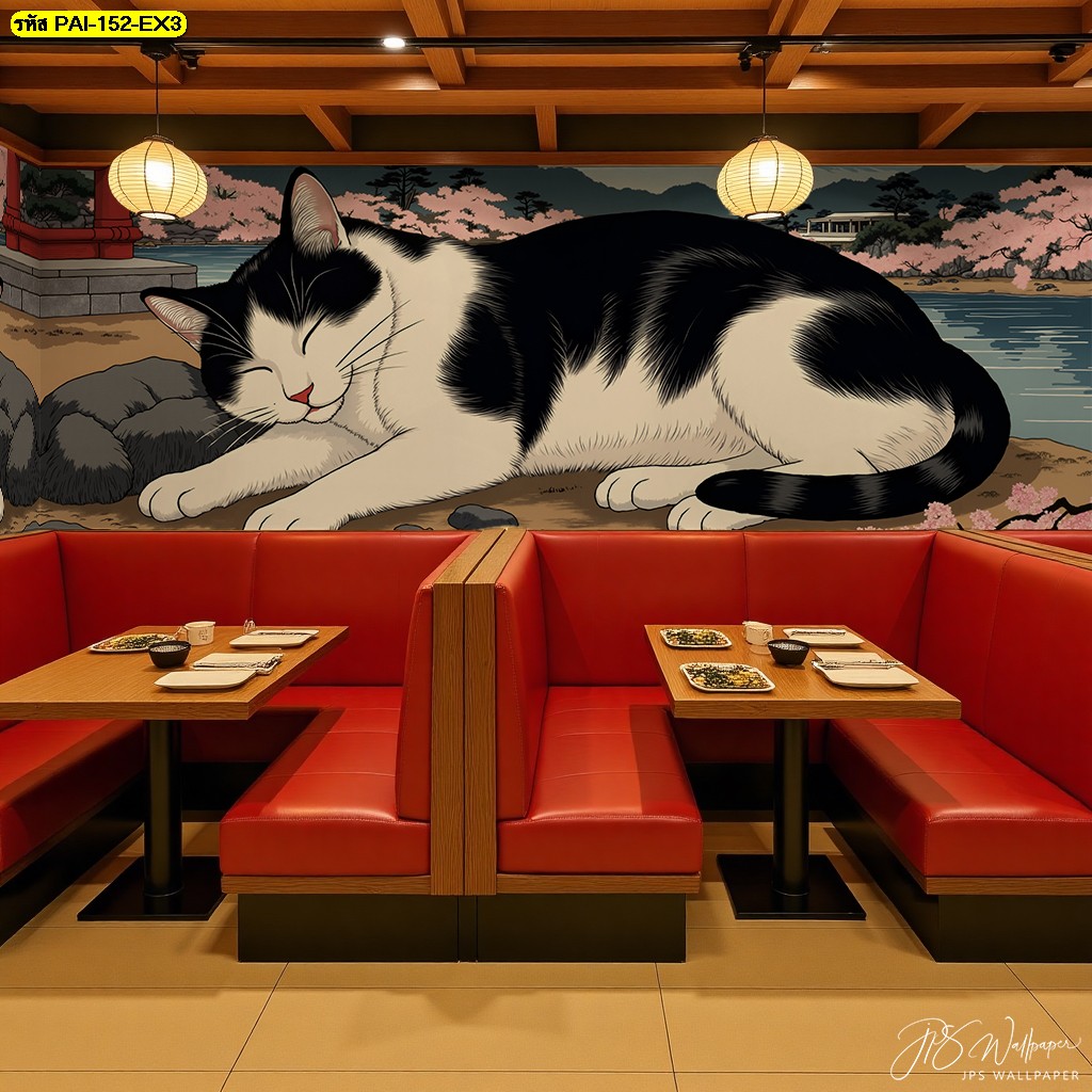 ภาพแมวตัวใหญ่ในสวนซากุระริมทะเลสาบ แฝงความอบอุ่นและความสุขสงบในแบบญี่ปุ่นร่วมสมัย