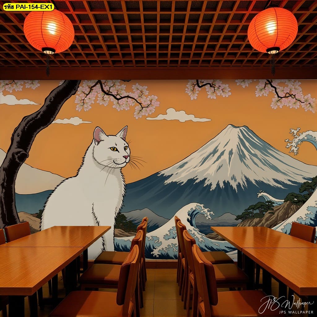 วอลเปเปอร์แมวขาวคู่ภูเขาไฟฟูจิ สื่อถึงความสง่างามและพลังแห่งธรรมชาติแบบญี่ปุ่นแท้