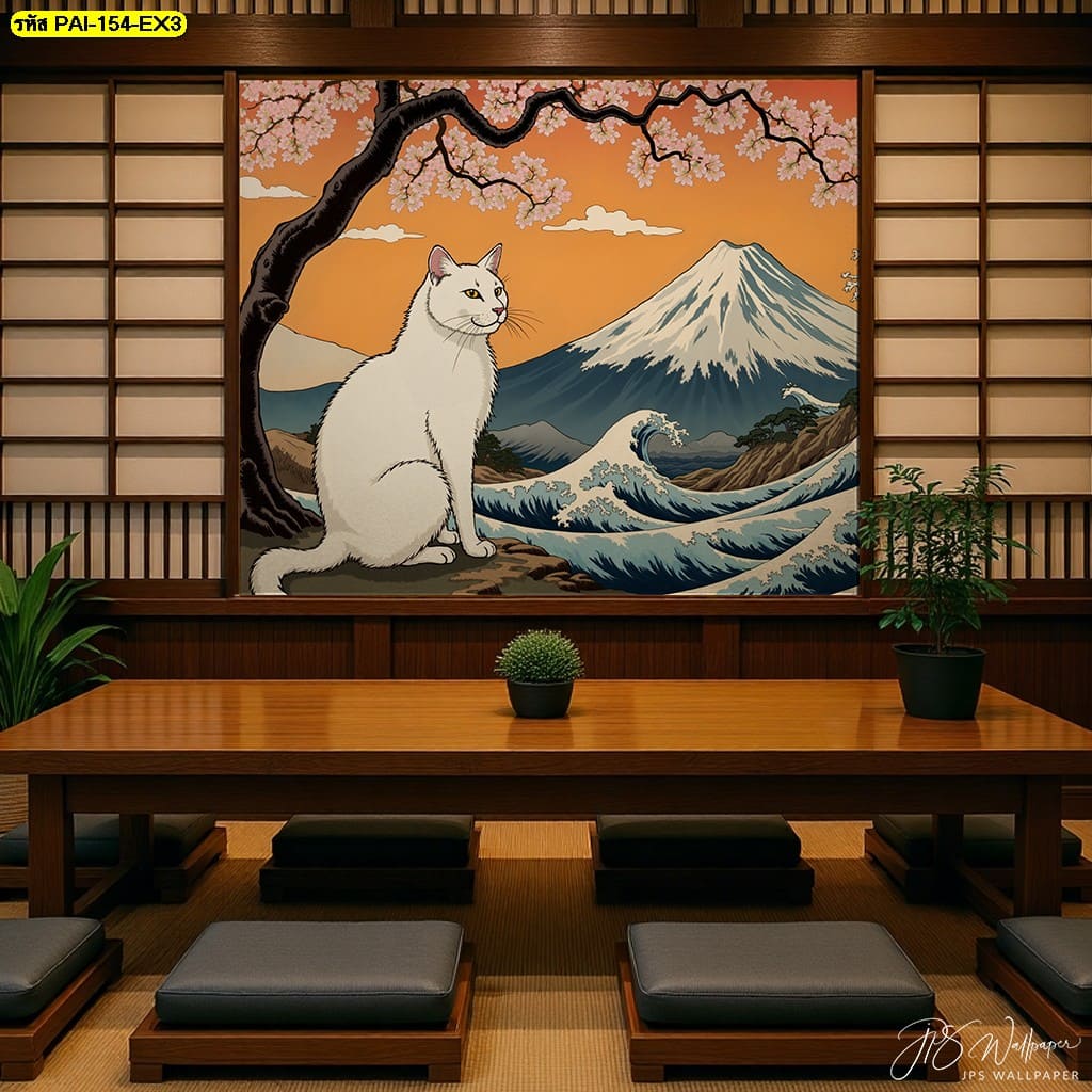 วอลเปเปอร์แมวขาวริมคลื่นใหญ่ ภูเขาไฟฟูจิ และซากุระ บ่งบอกถึงความกลมกลืนของธรรมชาติและความสงบ
