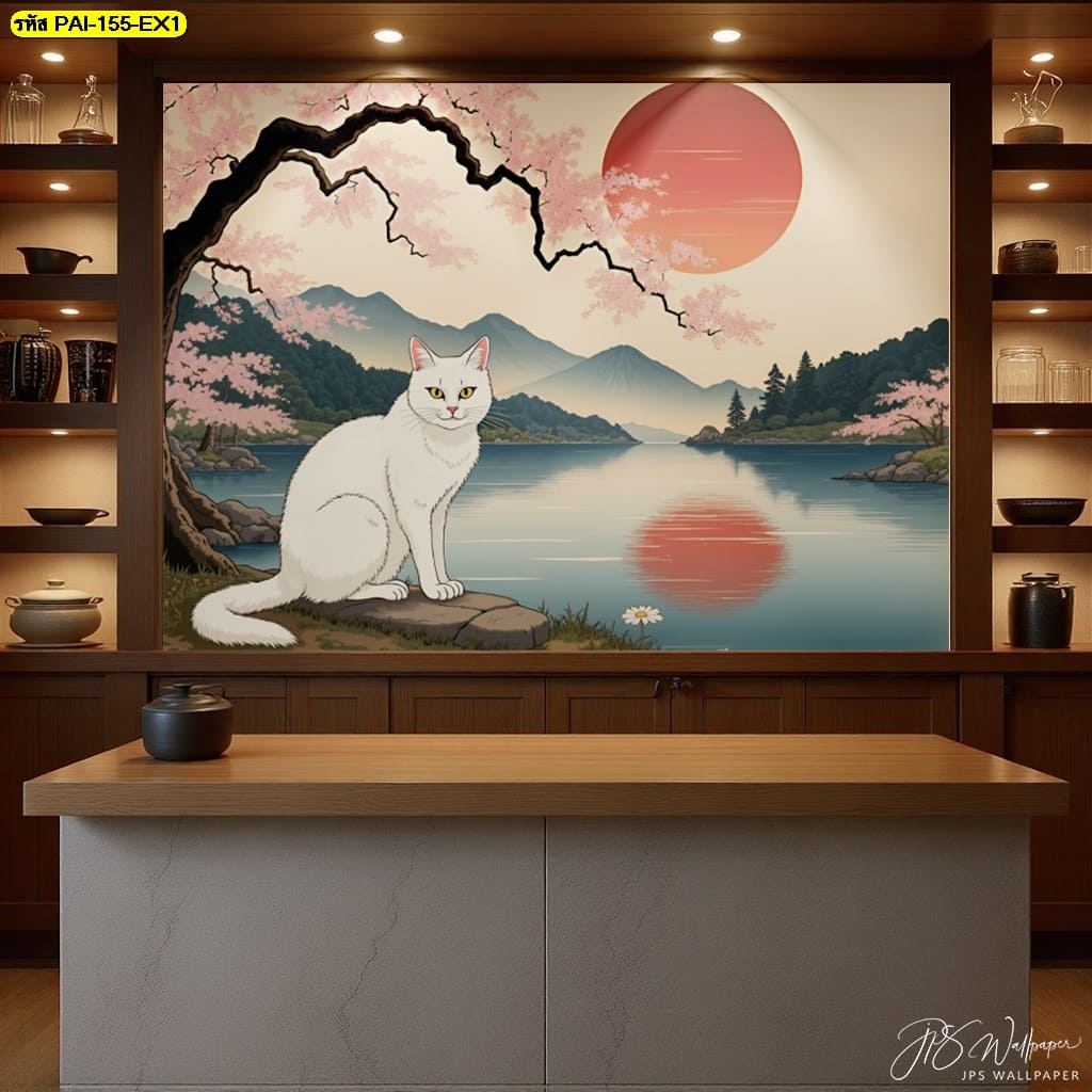 วอลเปเปอร์แมวขาวริมทะเลสาบสะท้อนแสงอาทิตย์ยามเย็น ถ่ายทอดความสงบและความสุขเรียบง่าย