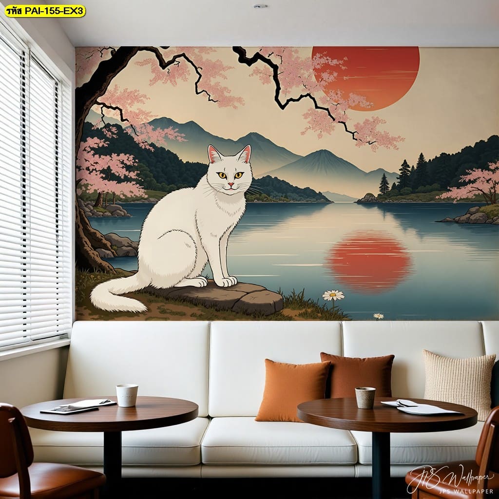 วอลเปเปอร์แมวขาวริมทะเลสาบสะท้อนแสงแดดยามเย็น เติมความละมุนและความสงบในทุกมุมบ้าน