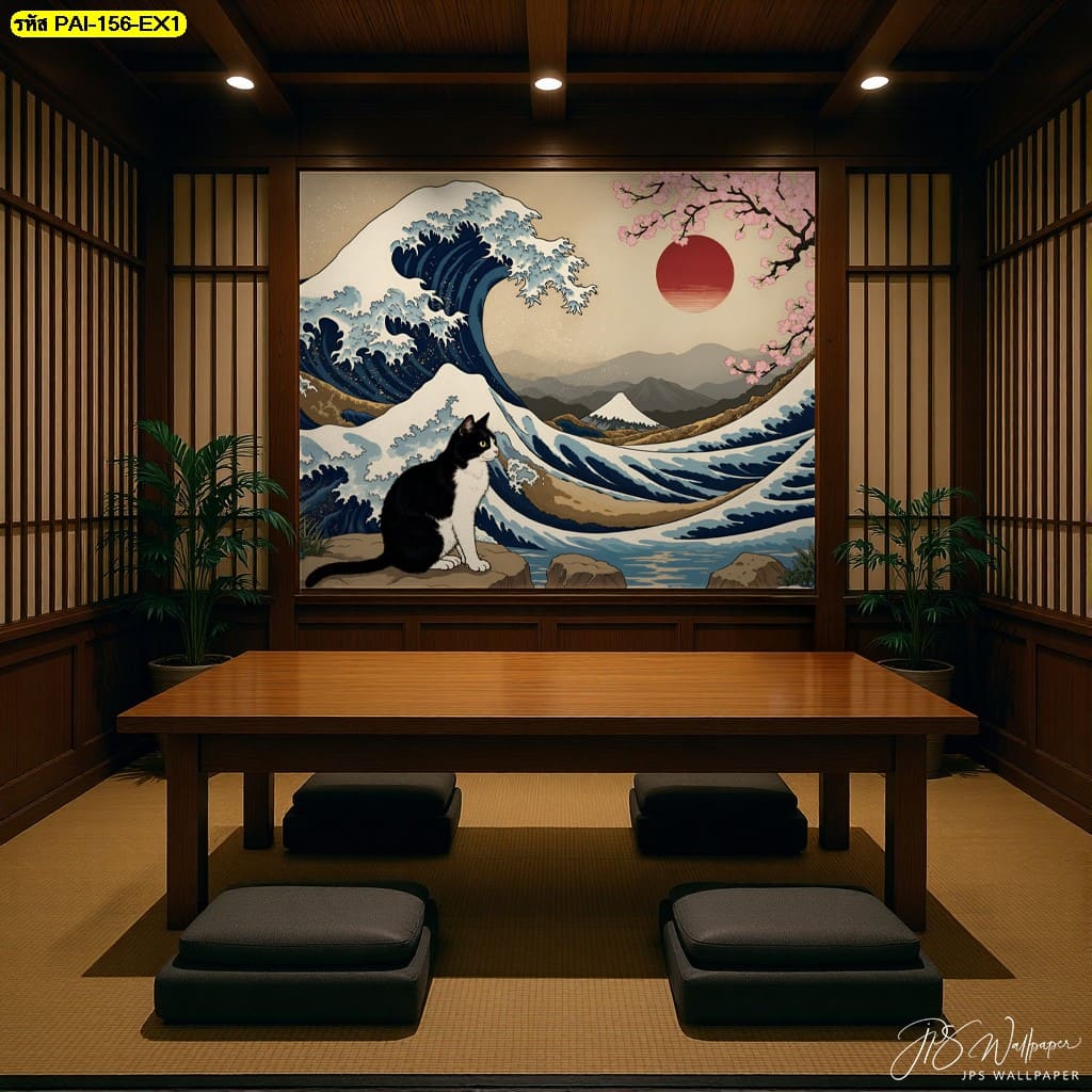 วอลเปเปอร์แมวขาวดำท่ามกลางคลื่นใหญ่และภูเขาไฟฟูจิ แสดงถึงความแข็งแกร่งและความสงบในเวลาเดียวกัน