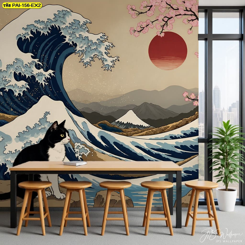 วอลเปเปอร์แมวญี่ปุ่นคู่คลื่นใหญ่ สื่อถึงพลังและความสมดุลของธรรมชาติ ภายใต้ความสงบแห่งภูเขาไฟฟูจิ
