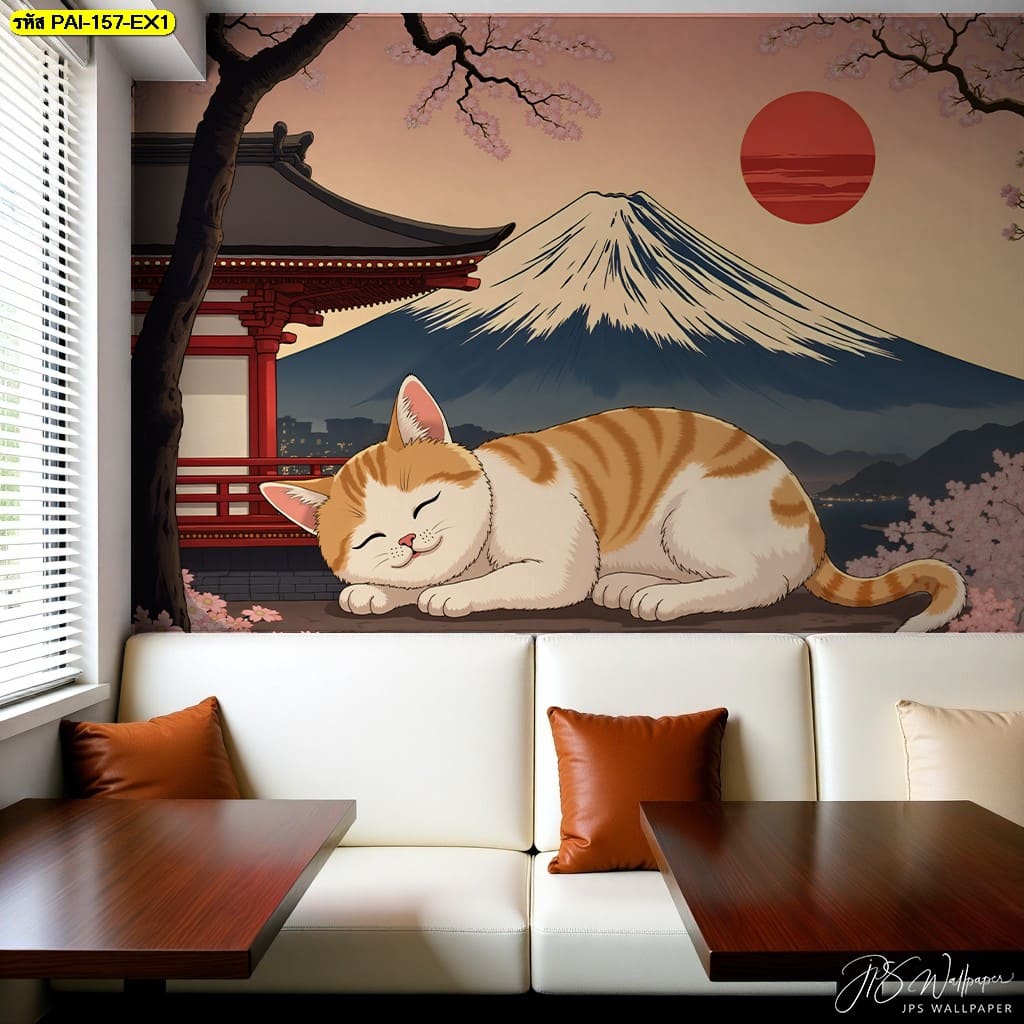 วอลเปเปอร์แมวส้มหลับสบายใต้ภูเขาไฟฟูจิ ถ่ายทอดความอบอุ่นและความสุขสงบแบบญี่ปุ่นแท้