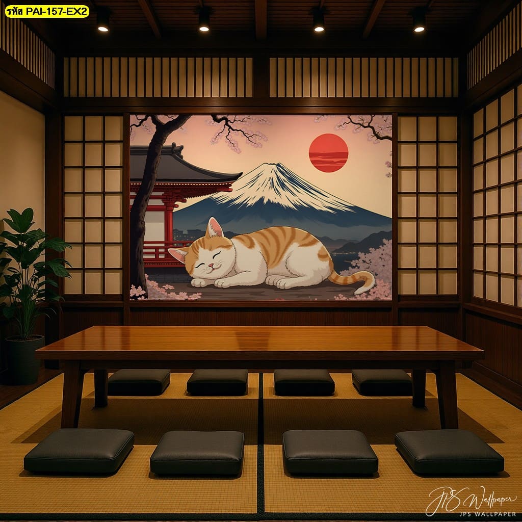 วอลเปเปอร์แมวนอนริมภูเขาไฟฟูจิและซากุระ สื่อถึงความสงบและความสุขในธรรมชาติญี่ปุ่น