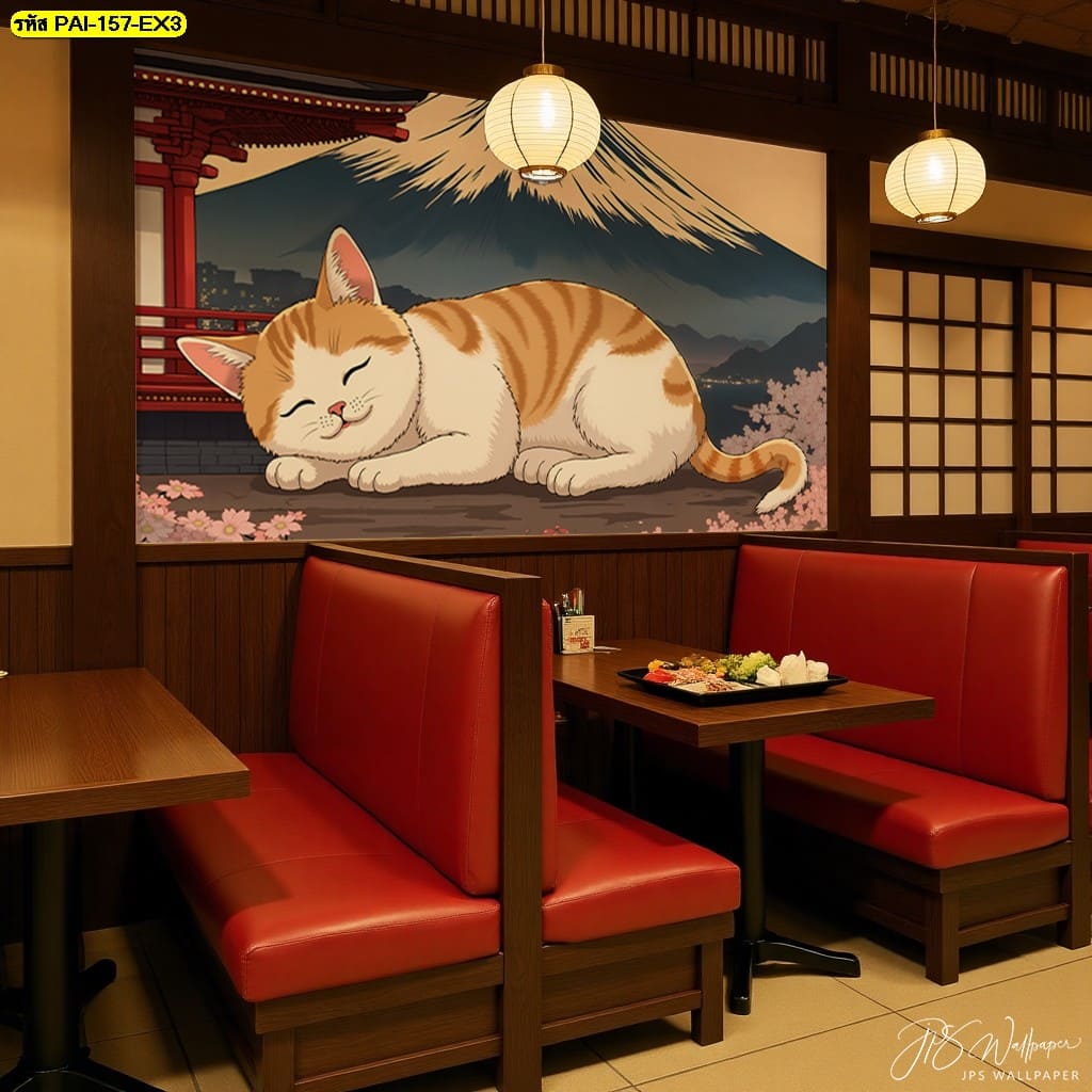วอลเปเปอร์แมวส้มหลับใต้ซากุระและภูเขาไฟฟูจิ ถ่ายทอดความอบอุ่นและความสงบในทุกมุมห้อง
