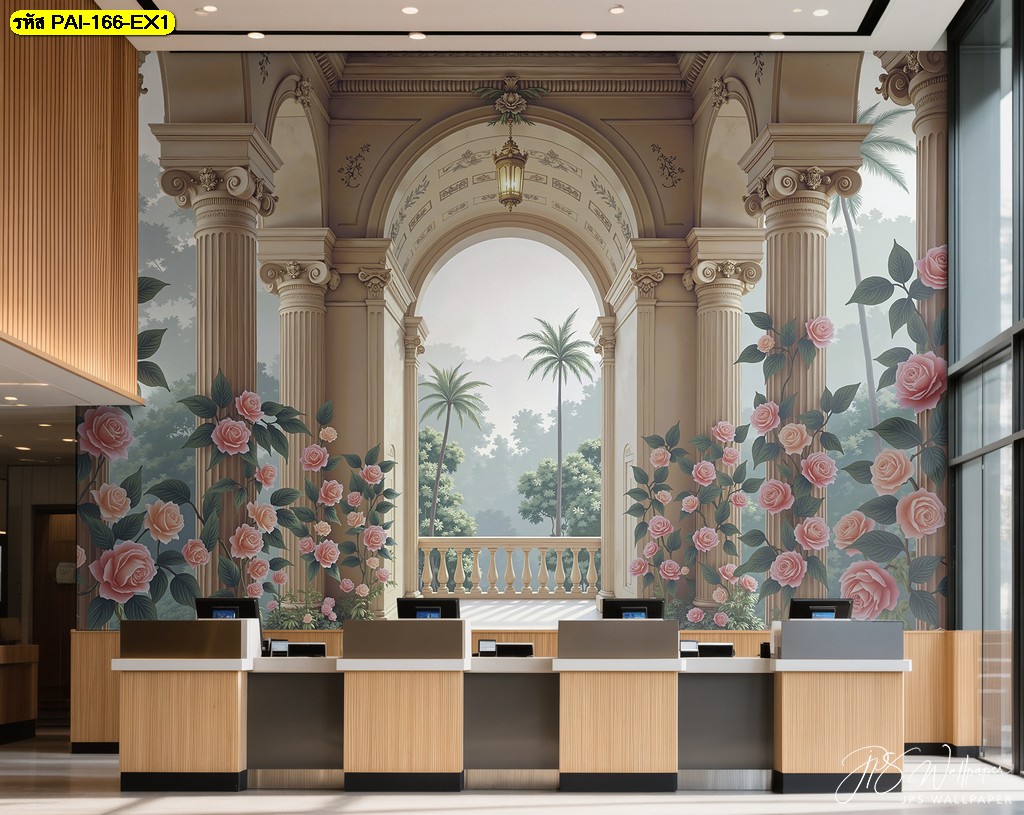 วอลเปเปอร์สไตล์ยุโรปคลาสสิก เสาโรมันและดอกกุหลาบชมพู สื่อถึงความหรูหราและความอ่อนโยนในเวลาเดียวกัน