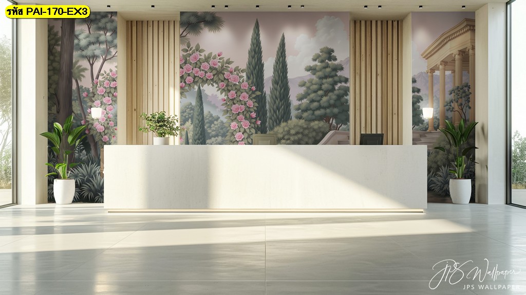 วอลเปเปอร์สวนยุโรปคลาสสิก ลายต้นสนและซุ้มกุหลาบ สื่อถึงความหรูหราและความสงบที่ผสมกลมกลืนกันอย่างลงตัว