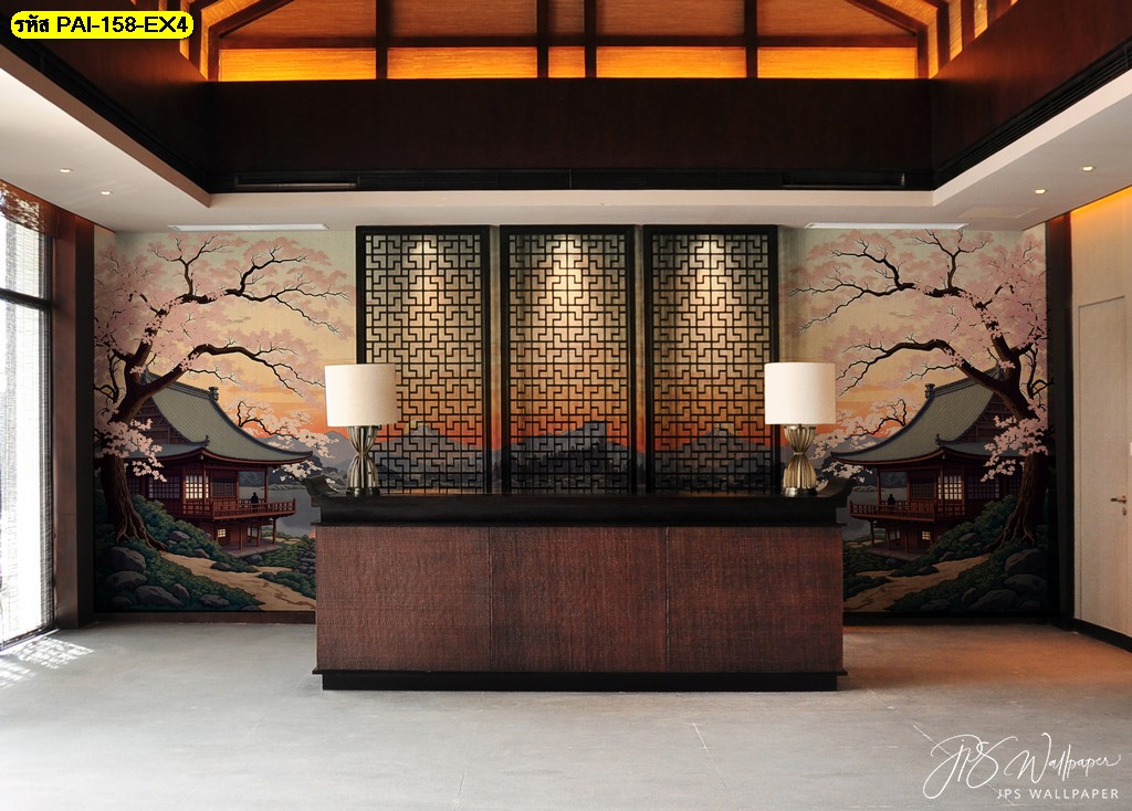 วอลเปเปอร์ญี่ปุ่นลายวัดโบราณใต้ต้นซากุระ สื่อถึงความสงบ ความงาม และพลังแห่งธรรมชาติ