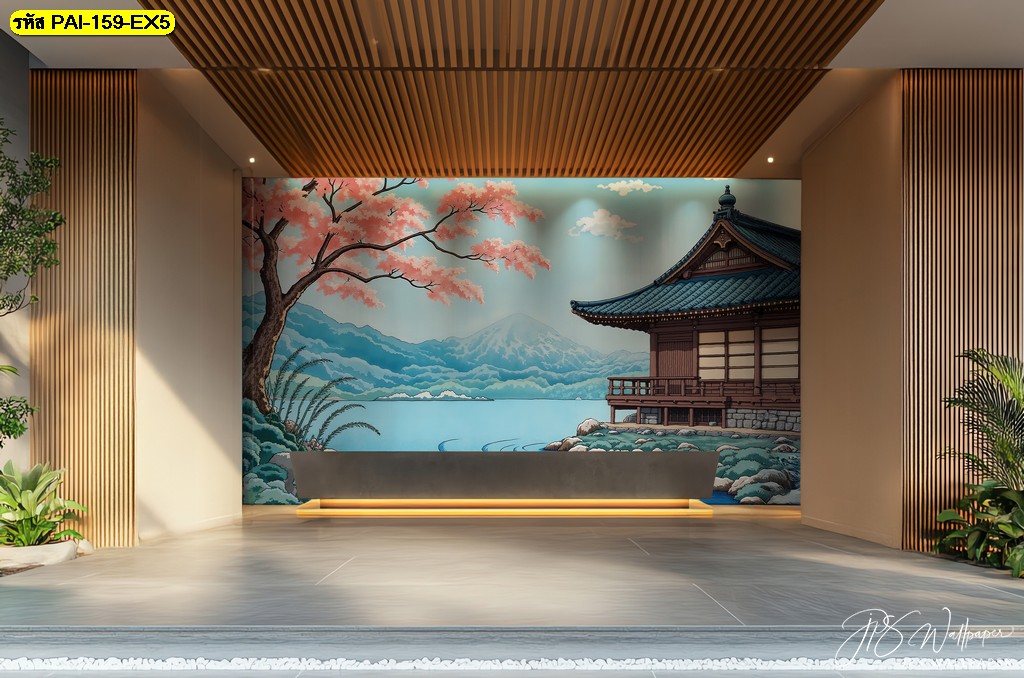 วอลเปเปอร์ญี่ปุ่นวิวทะเลสาบและวัดริมเขา ถ่ายทอดความสงบ สดชื่น และความสมดุลของธรรมชาติ