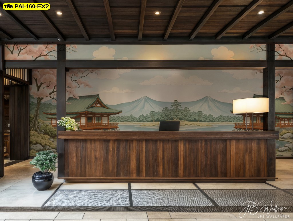 วอลเปเปอร์ญี่ปุ่นลายวัดและภูเขาไฟฟูจิ สื่อถึงความสงบ ความมั่นคง และความศรัทธาในธรรมชาติ