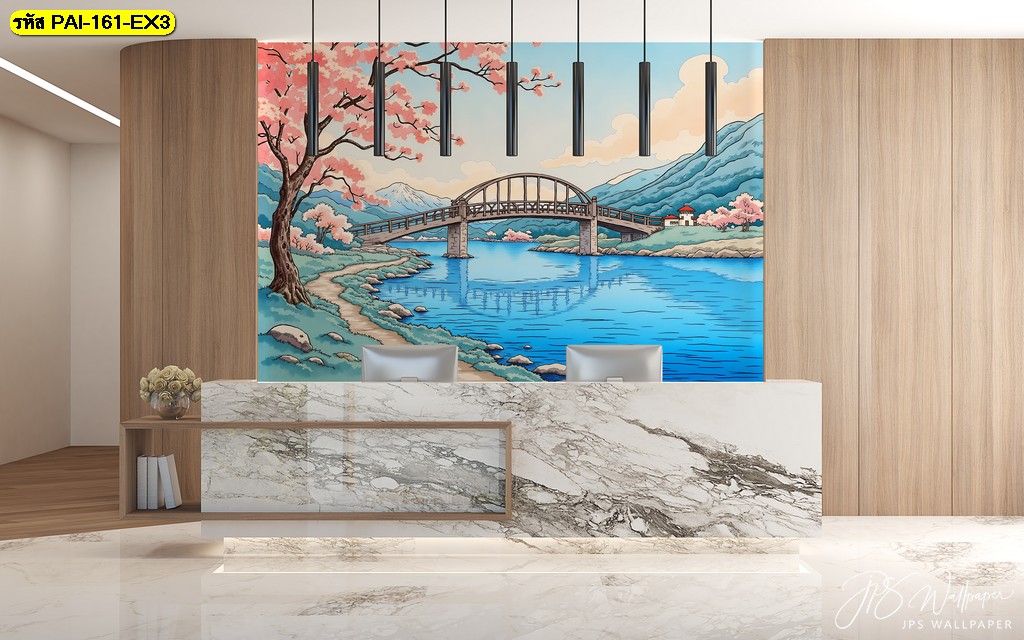 วอลเปเปอร์สะพานไม้เหนือสายน้ำใสกลางภูเขา สื่อถึงความสงบและความเชื่อมโยงของธรรมชาติในแบบญี่ปุ่น