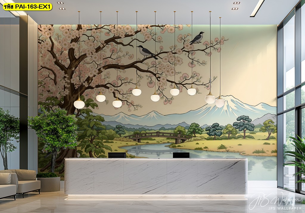 วอลเปเปอร์ภูเขาไฟฟูจิและต้นซากุระริมแม่น้ำ สื่อถึงความอ่อนโยนและความกลมกลืนระหว่างคนกับธรรมชาติ