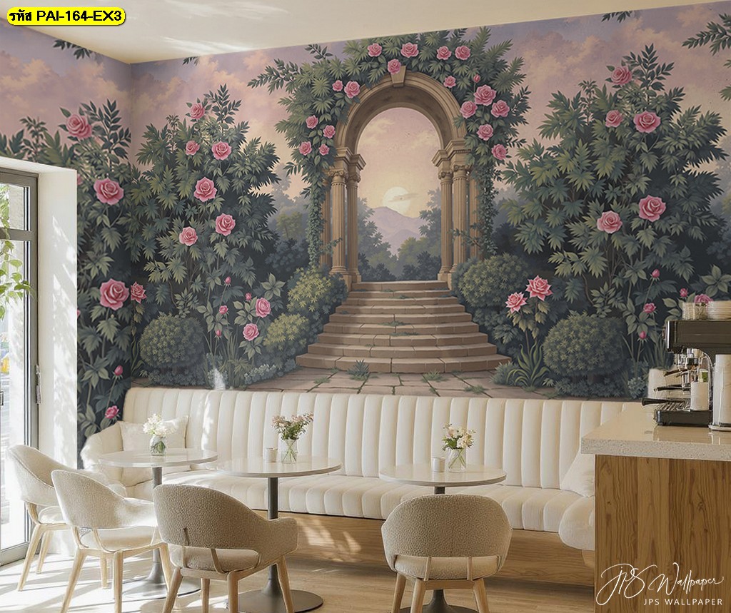 เติมเสน่ห์ยุโรปในร้านคาเฟ่ ด้วยวอลเปเปอร์ซุ้มสวนกุหลาบยามอาทิตย์อ่อนละมุน ชวนให้นั่งพักผ่อน