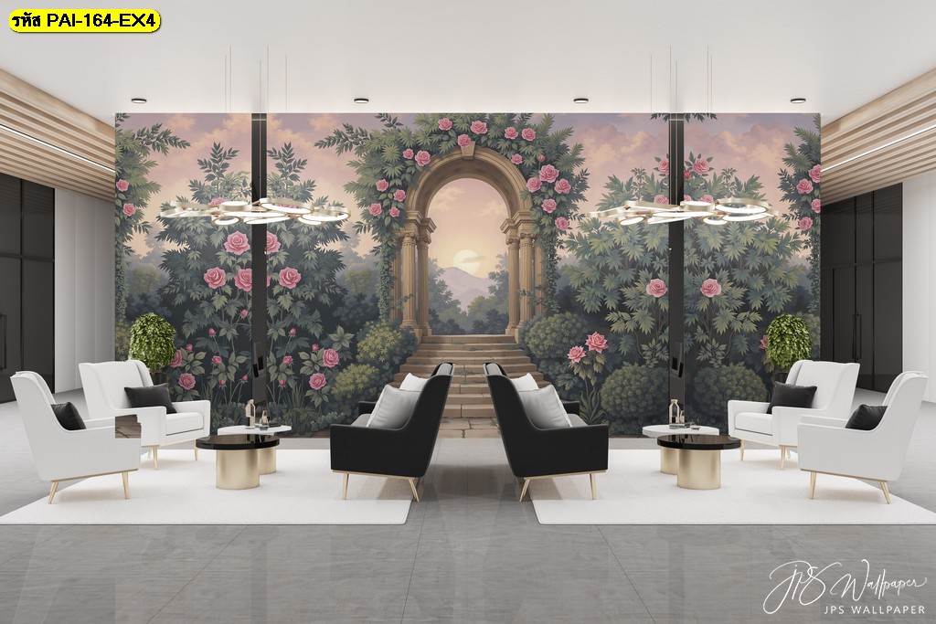 วอลเปเปอร์ซุ้มสวนดอกไม้แนวโรมัน สื่อถึงความหรูสงบ เติมความสมดุลให้ห้องรับรองหรือสำนักงาน