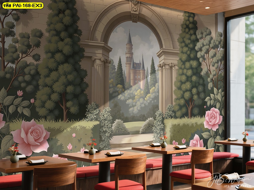 วอลเปเปอร์ปราสาทยุโรปกลางสวนกุหลาบ เพิ่มความหรูหราและสงบให้ร้านอาหารหรือห้องรับแขก