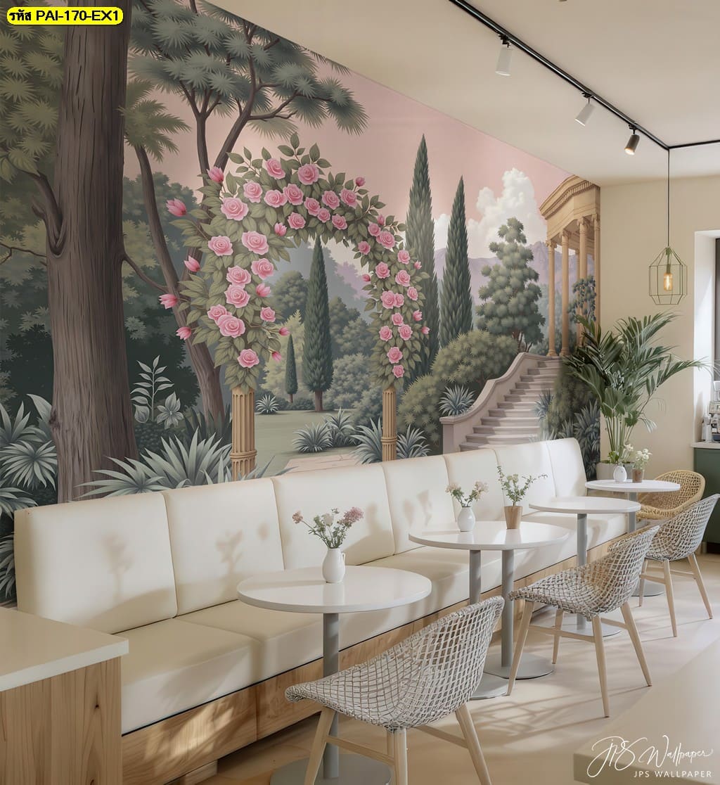 วอลเปเปอร์ซุ้มดอกกุหลาบในสวนยุโรป ให้ความอบอุ่นและอ่อนโยน เหมาะกับคาเฟ่และร้านเบเกอรี่