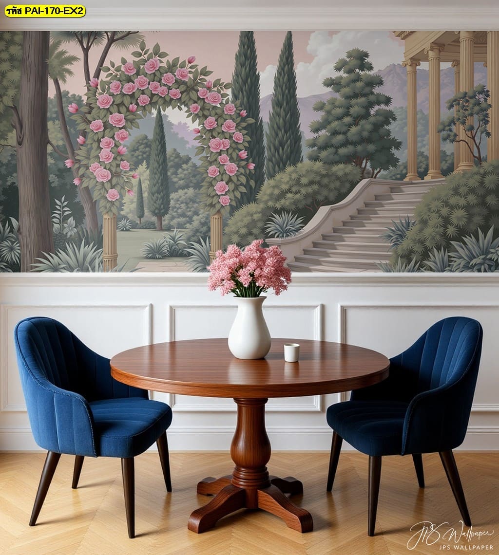 วอลเปเปอร์สวนยุโรปสุดหรู ล้อมด้วยซุ้มดอกกุหลาบและเสาโรมัน เติมความสงบและความมีระดับให้ห้อง