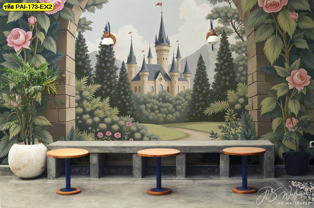 วอลเปเปอร์ปราสาทยุโรปท่ามกลางสวนดอกไม้ เพิ่มความอบอุ่นและแฟนตาซีให้มุมคาเฟ่หรือห้องนั่งเล่น