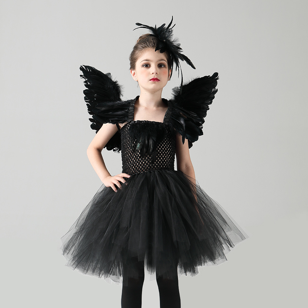 7C393 ชุดเด็ก ชุดบัลเล่ต์ เดรสสีดำ หงส์ดำ อีกา นางฟ้ามืด Children Dress of Black Swan Crow Costume