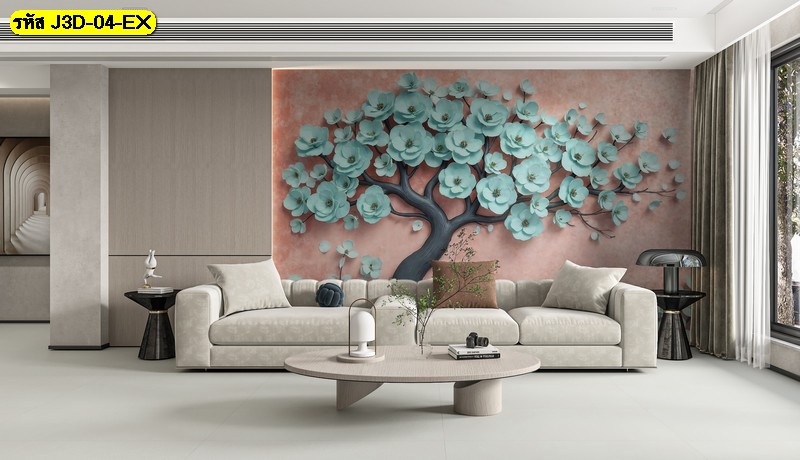 ภาพต้นไม้ดอกฟ้าอ่อนบนผนังชมพูหม่น โทนสงบหรูเหมาะกับคาเฟ่ ร้านอาหาร หรือห้องรับรอง