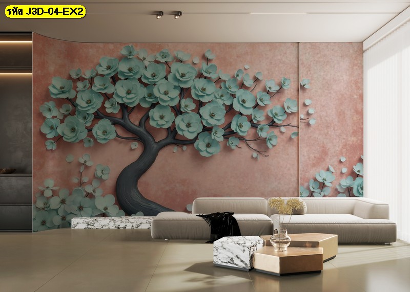 ภาพต้นไม้ใหญ่ดอกสีฟ้า ผนังชมพูพีชละมุน เพิ่มมิติให้ร้านอาหารดูสงบเรียบแต่ทันสมัย