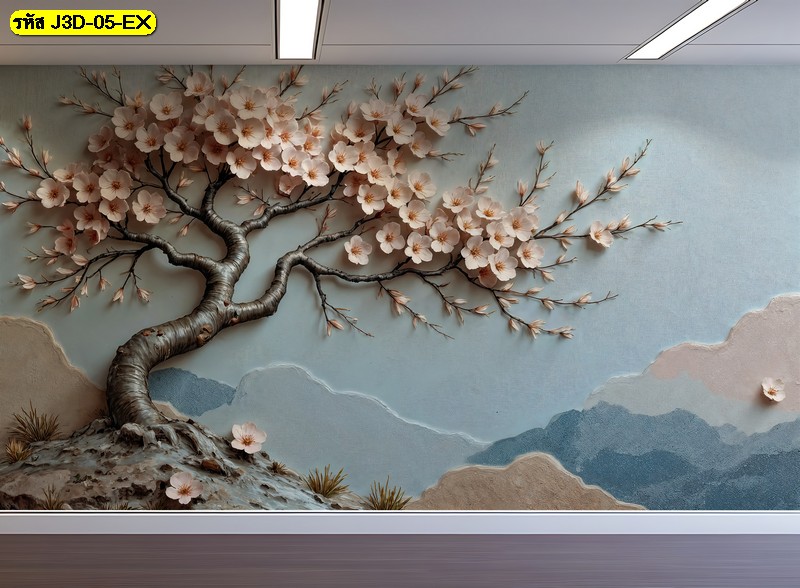วอลเปเปอร์ดอกซากุระชมพูอ่อนบนพื้นฟ้า พาอารมณ์สงบละเมียดละไม เหมาะกับร้านอาหารญี่ปุ่น