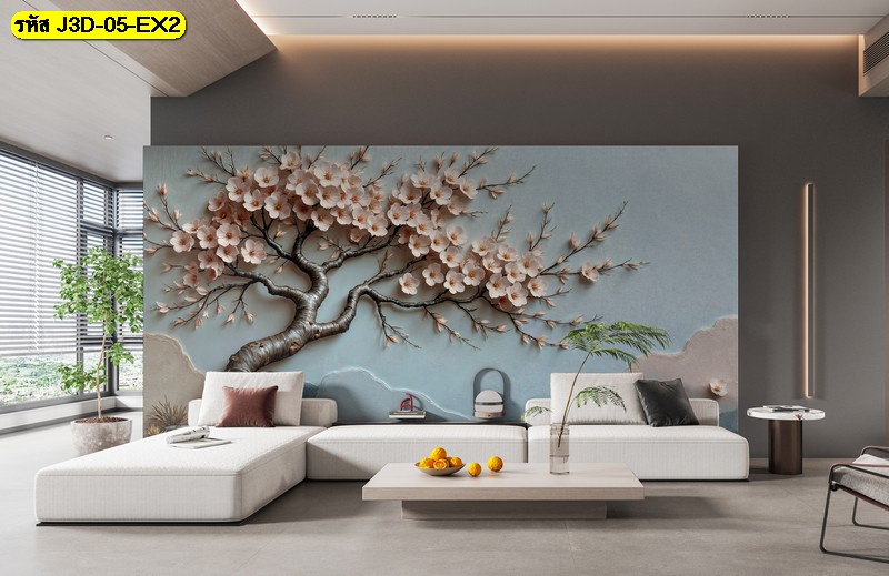 วอลเปเปอร์ลายซากุระชมพูอ่อนบนพื้นฟ้าอ่อน ให้บรรยากาศอบอุ่น ผ่อนคลาย