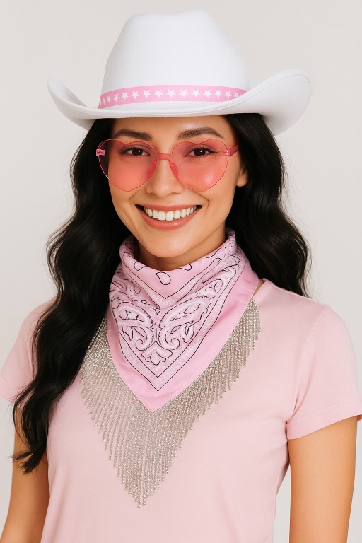 ++พร้อมส่ง++เซ็ทหมวก+แว่น+ผ้าพันคอสีชมพู ผ้าพันคอแนวคาวบอยบาร์บี้ ผ้าพันคอคาวบอย