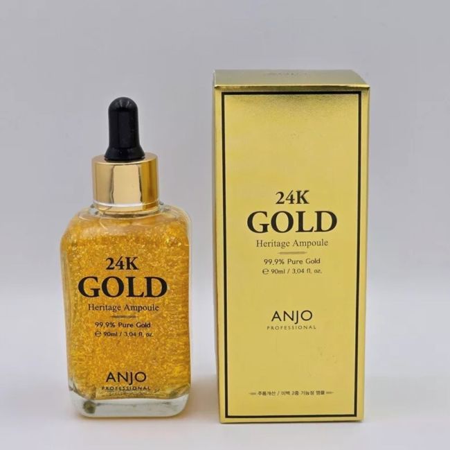 Anjo Professional 24K Gold Heritage Ampoule 90 ml. เซรั่มทองคำ24k ระดับพรีเมี่ยมนำเข้าจากเกาหลีเพื่อฟื้นฟูผิวขาดการบำรุงแบบเร่งด่วน เหมาะสำหรับสาวๆวัย 30+ช่วยชะลอวัยให้ผิวหน้าสดใส ผิวแข็งแรง ยกกระชับให้ผิวดูเต่งตึง ต่อต้านริ้วรอยก่อนวัย และฟื้นบำรุงให้ผิว
