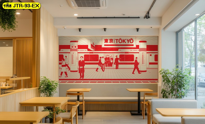 วอลเปเปอร์สถานีรถไฟสไตล์กราฟิกแดง ช่วยสร้างบรรยากาศญี่ปุ่นทันสมัย ทำให้ร้านดูมีเรื่องราวและเอกลักษณ์